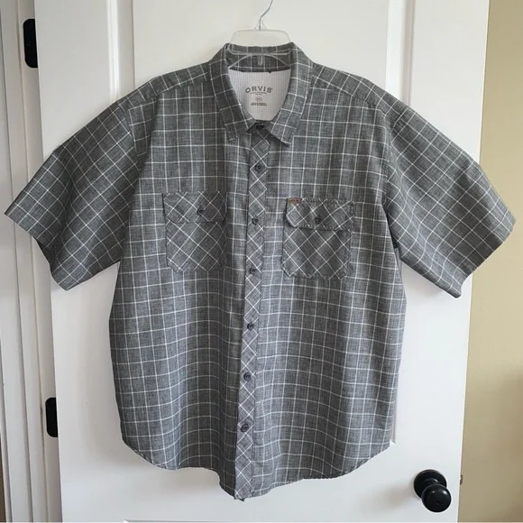Orvis Mens Shirt Button Up Short Sleeve Gray Check Work Casual XXL - Picture 3 of 9